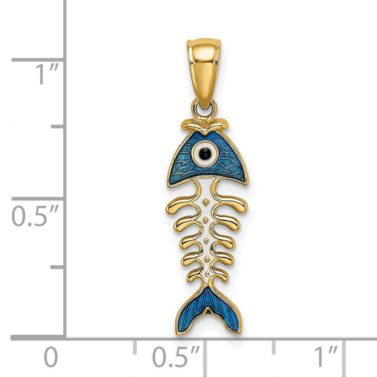 14k Yellow Gold Fish Skeleton Pendant with Blue Enamel Evil Eye Charm, Unisex Mediterranean Style