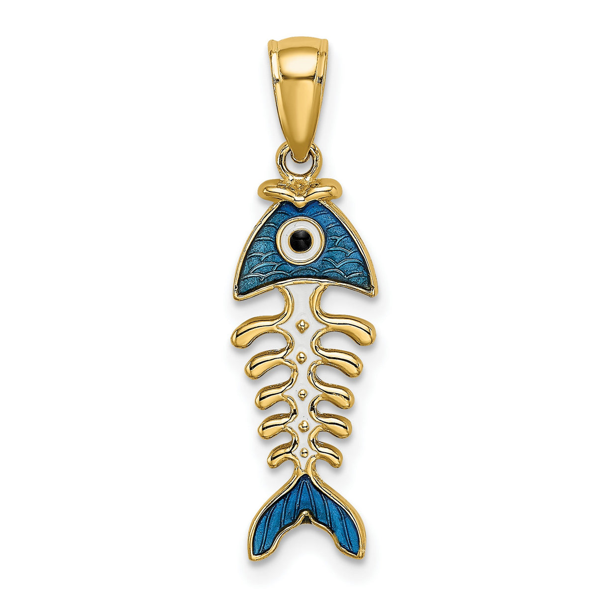 14k Yellow Gold Fish Skeleton Pendant with Blue Enamel Evil Eye Charm, Unisex Mediterranean Style