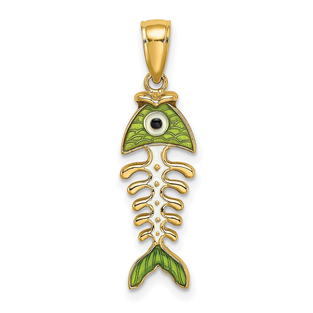 14k Yellow Gold Fishbone Pendant with Green Enamel, Stylized Eye and Scale Detailing