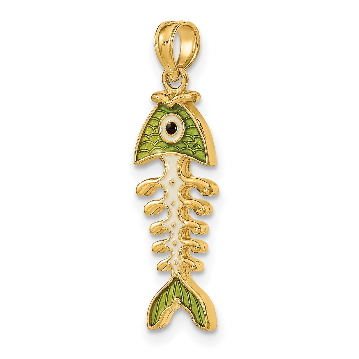 14k Yellow Gold Fishbone Pendant with Green Enamel, Stylized Eye and Scale Detailing