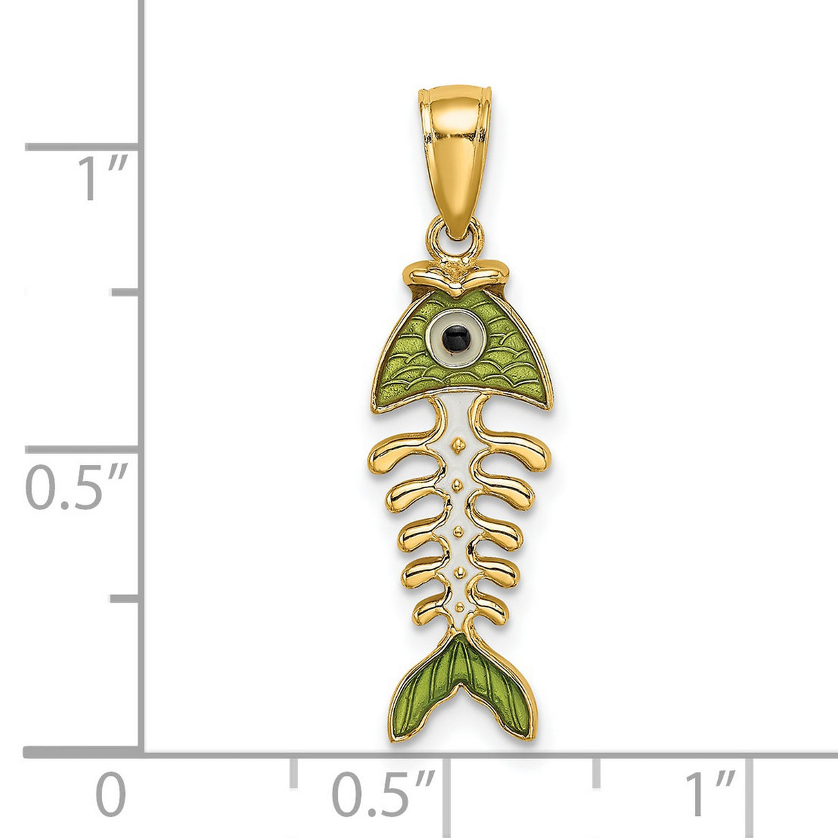 14k Yellow Gold Fishbone Pendant with Green Enamel, Stylized Eye and Scale Detailing