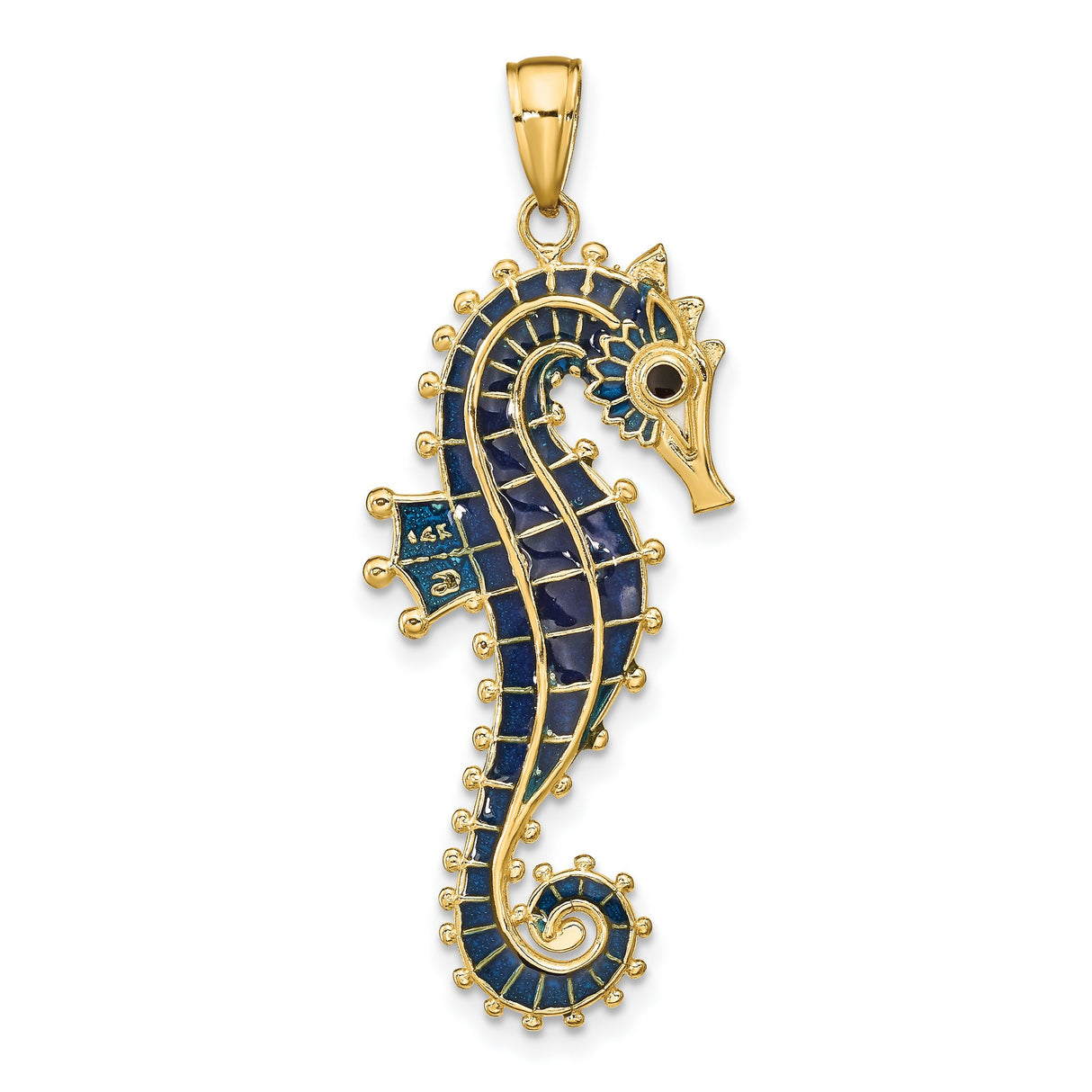 14k Yellow Gold Seahorse Pendant with Blue Enamel, Nautical Oceanic Theme for Women