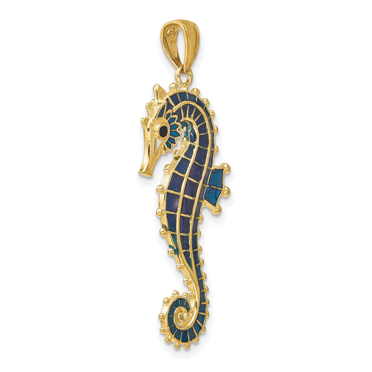 14k Yellow Gold Seahorse Pendant with Blue Enamel, Nautical Oceanic Theme for Women