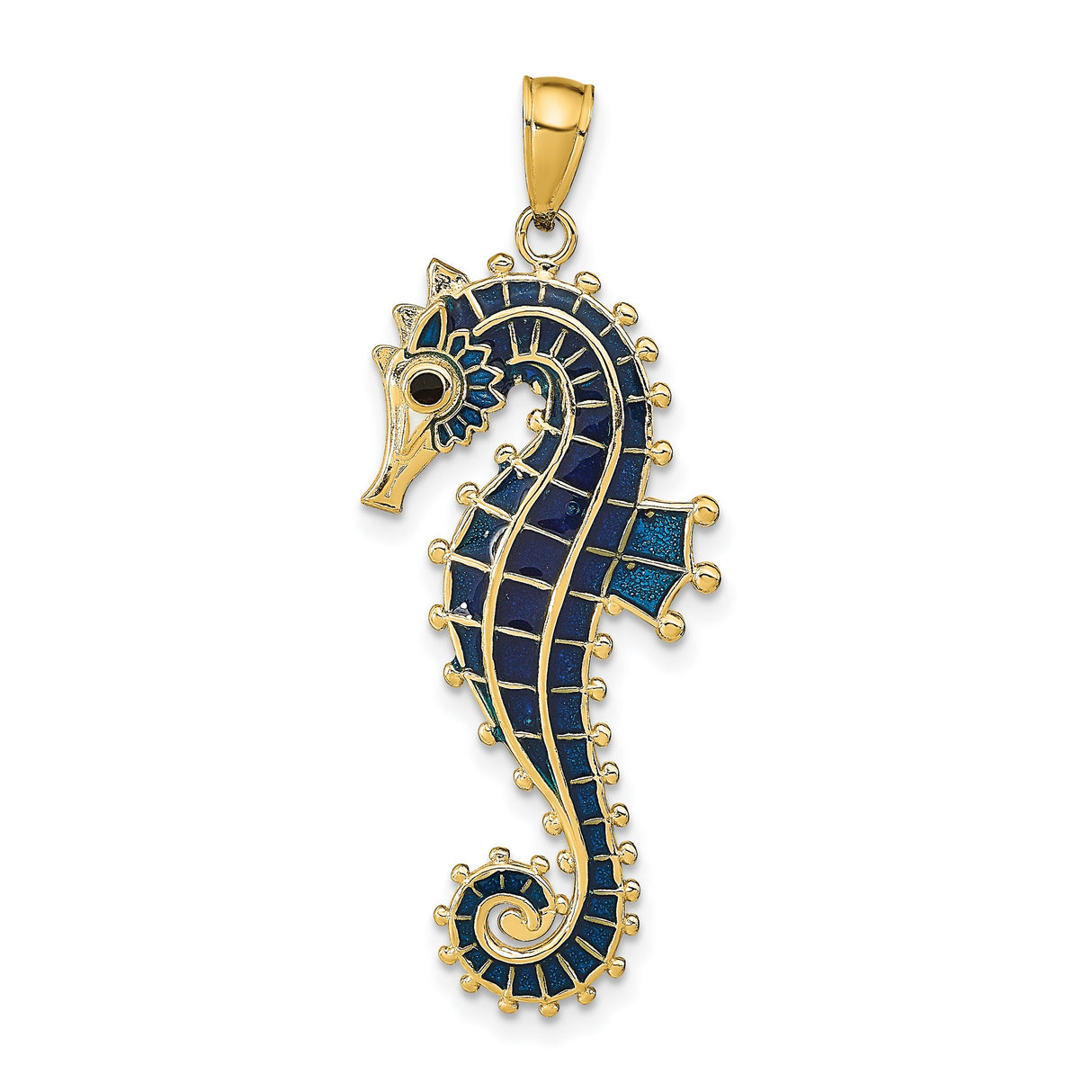 14k Yellow Gold Seahorse Pendant with Blue Enamel, Nautical Oceanic Theme for Women