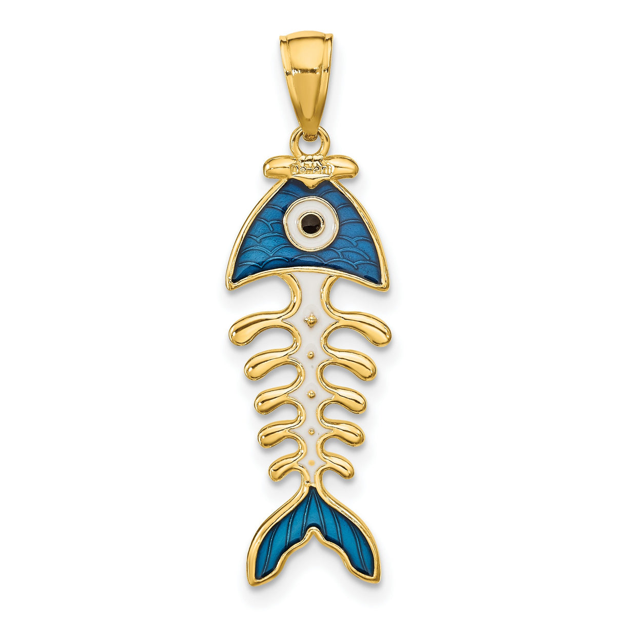 14k Yellow Gold Fishbone Pendant with Blue Enamel Evil Eye Charm, Unisex Spiritual Jewelry
