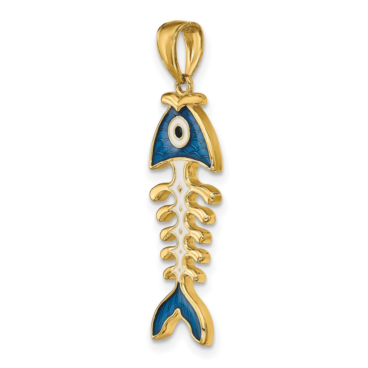 14k Yellow Gold Fishbone Pendant with Blue Enamel Evil Eye Charm, Unisex Spiritual Jewelry