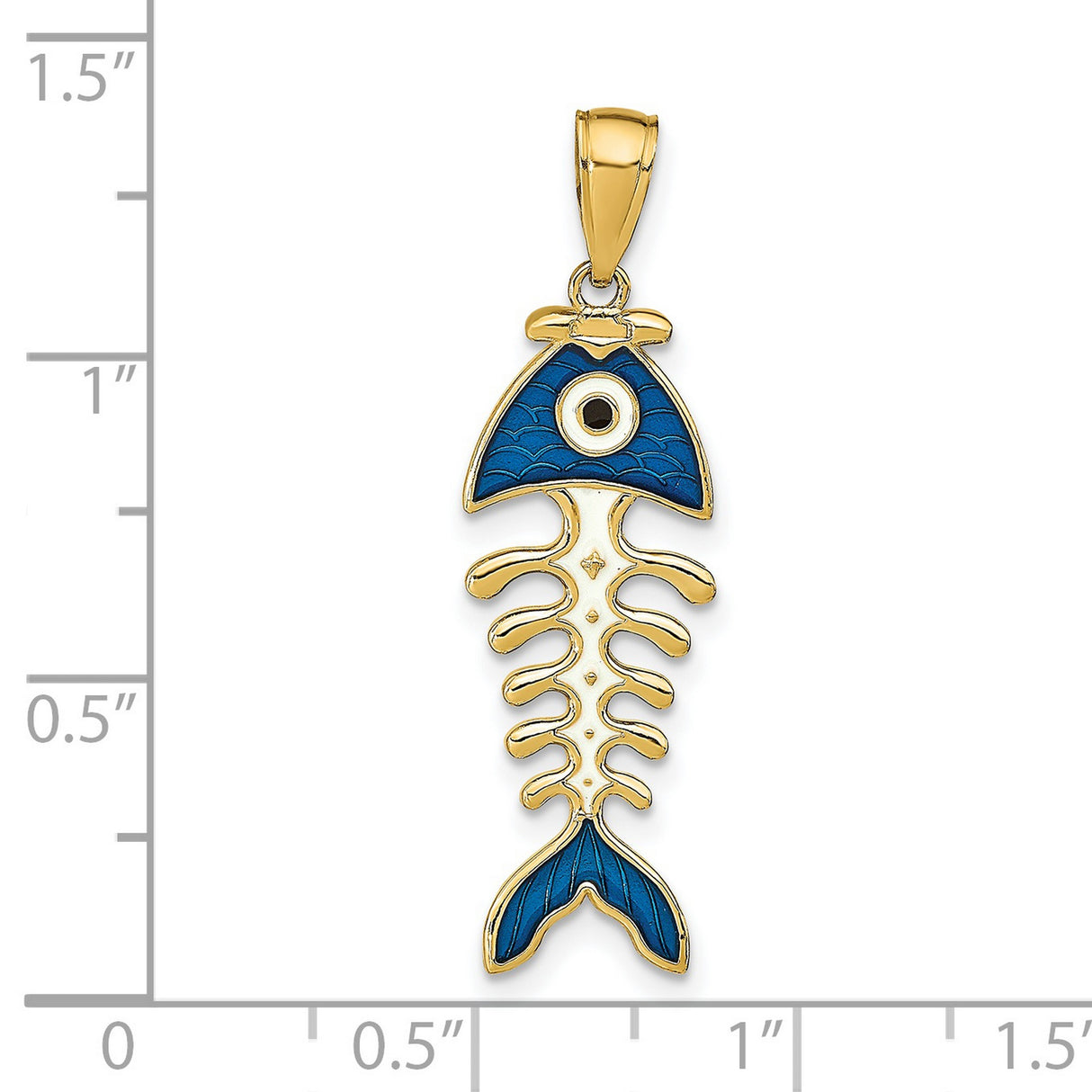 14k Yellow Gold Fishbone Pendant with Blue Enamel Evil Eye Charm, Unisex Spiritual Jewelry