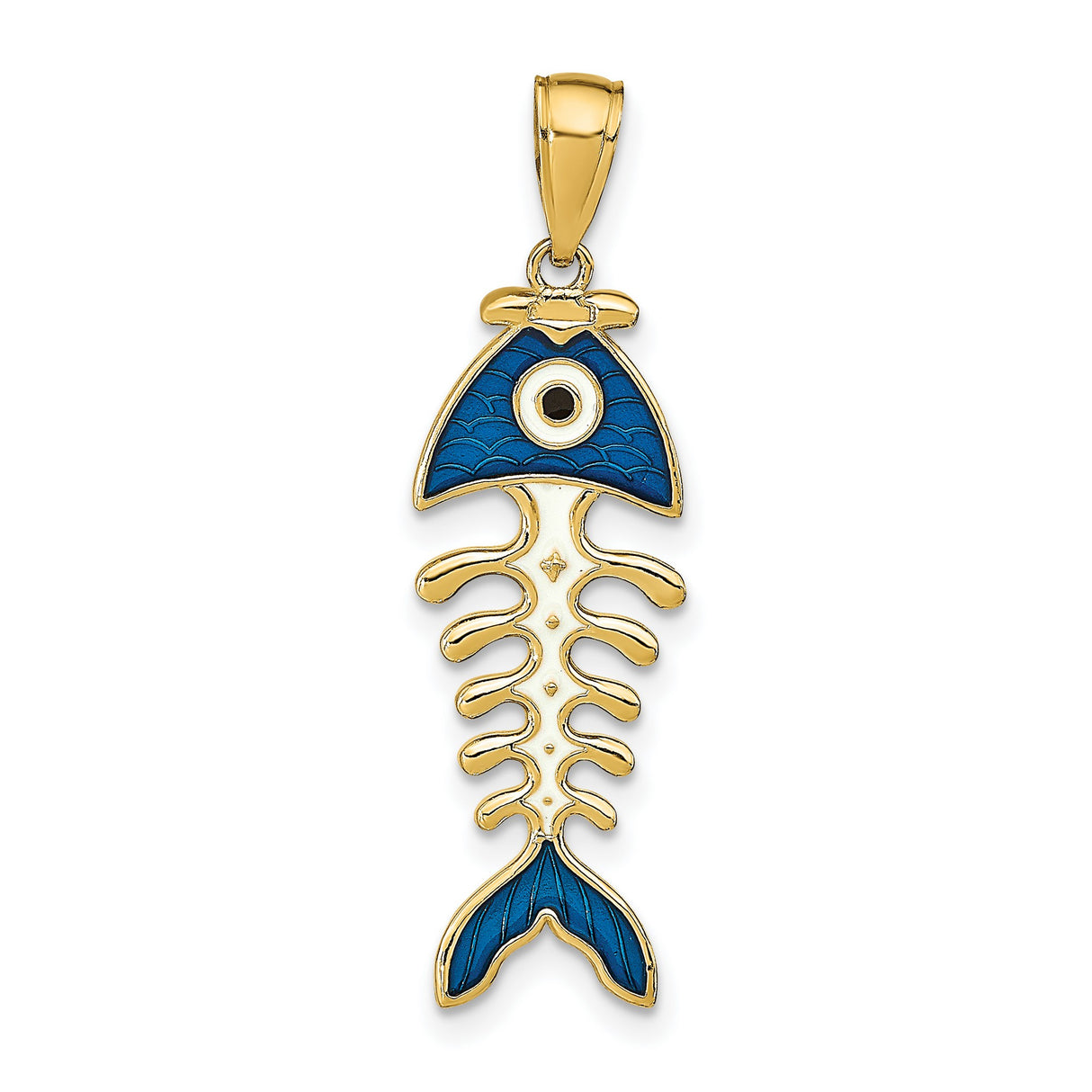 14k Yellow Gold Fishbone Pendant with Blue Enamel Evil Eye Charm, Unisex Spiritual Jewelry