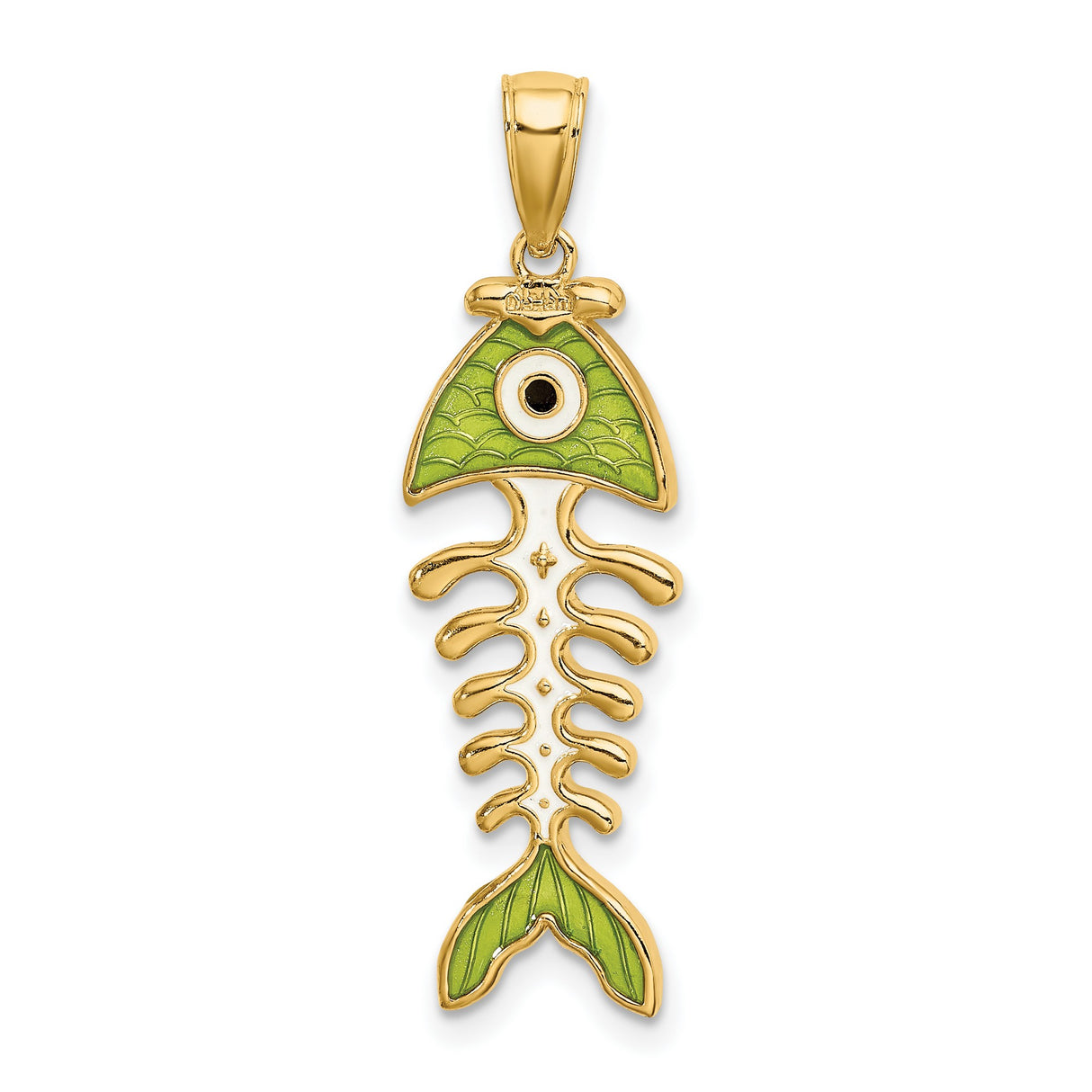 14k Yellow Gold Fishbone Pendant with Green Enamel, Whimsical Skeleton Design