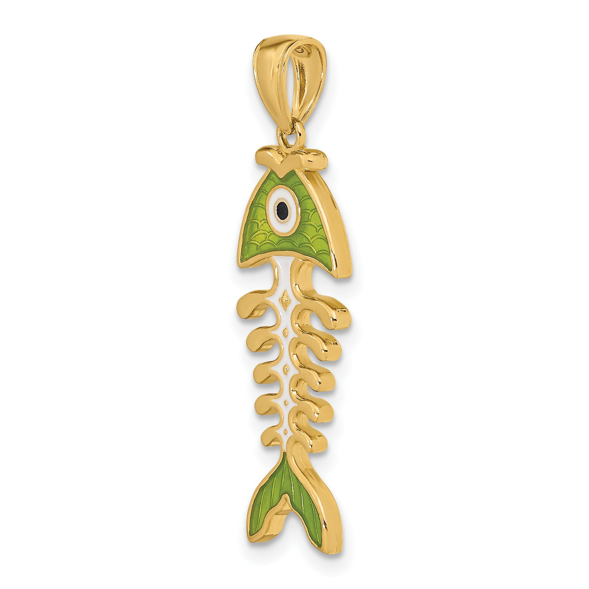 14k Yellow Gold Fishbone Pendant with Green Enamel, Whimsical Skeleton Design
