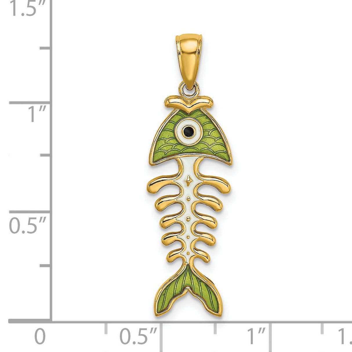 14k Yellow Gold Fishbone Pendant with Green Enamel, Whimsical Skeleton Design