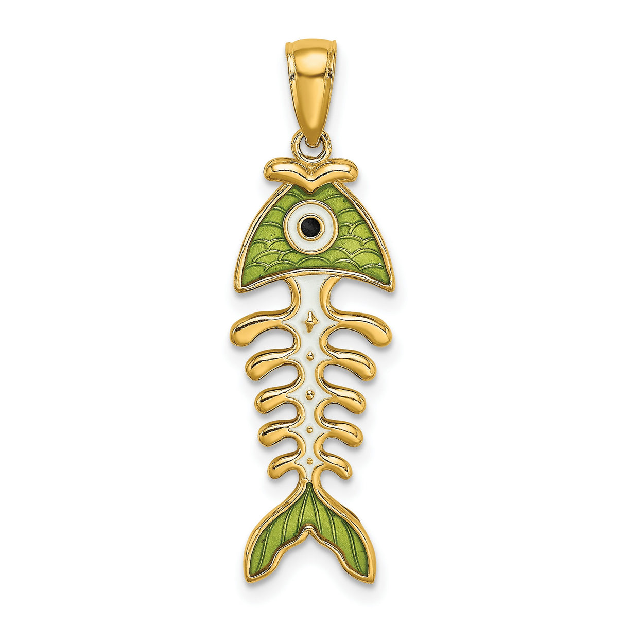 14k Yellow Gold Fishbone Pendant with Green Enamel, Whimsical Skeleton Design