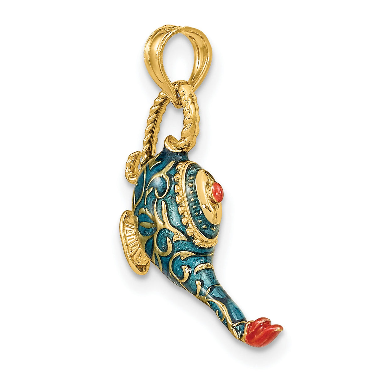14k Yellow Gold Magic Lamp Pendant with Blue Enamel, Arabian Fantasy Design