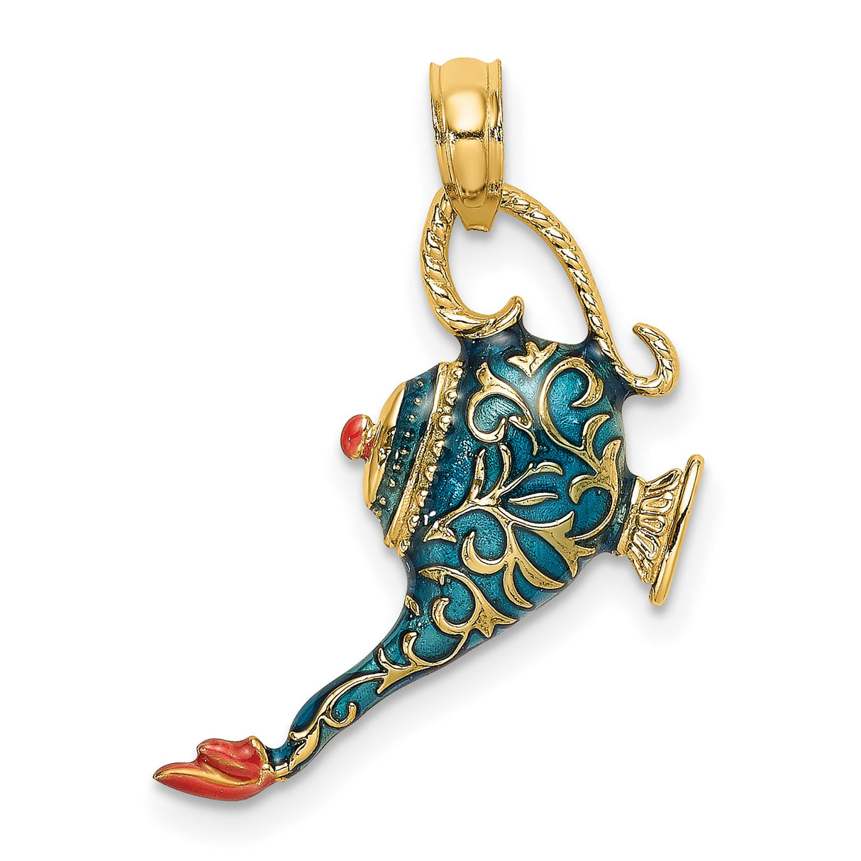 14k Yellow Gold Magic Lamp Pendant with Blue Enamel, Arabian Fantasy Design