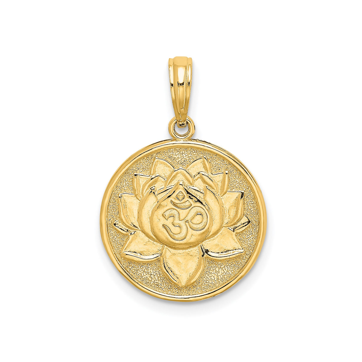 14k Yellow Gold Om Pendant with Raised Black Enamel Symbol on Textured Disc