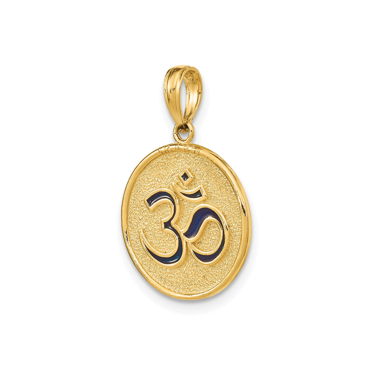 14k Yellow Gold Om Pendant with Raised Black Enamel Symbol on Textured Disc