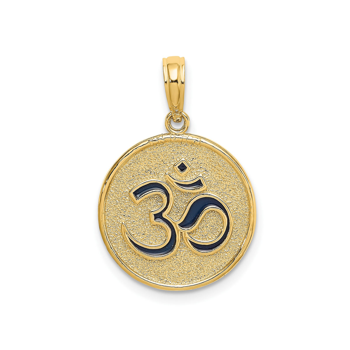 14k Yellow Gold Om Pendant with Raised Black Enamel Symbol on Textured Disc