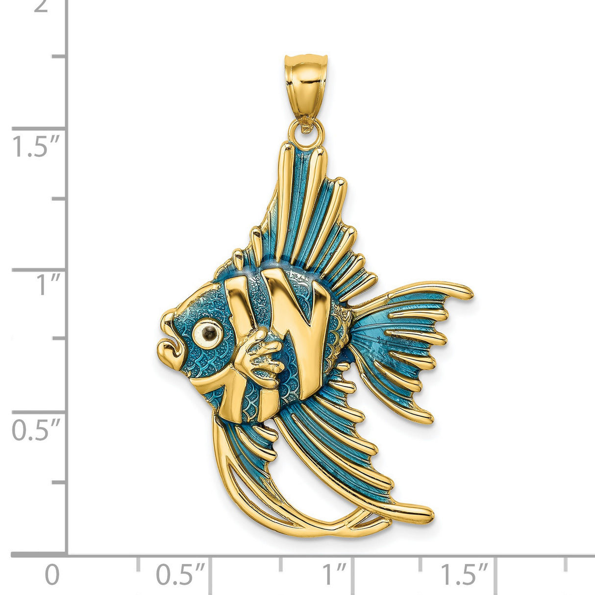 14k Yellow Gold Angelfish Pendant with Blue Enamel, Nautical Tropical Fish Design for Women