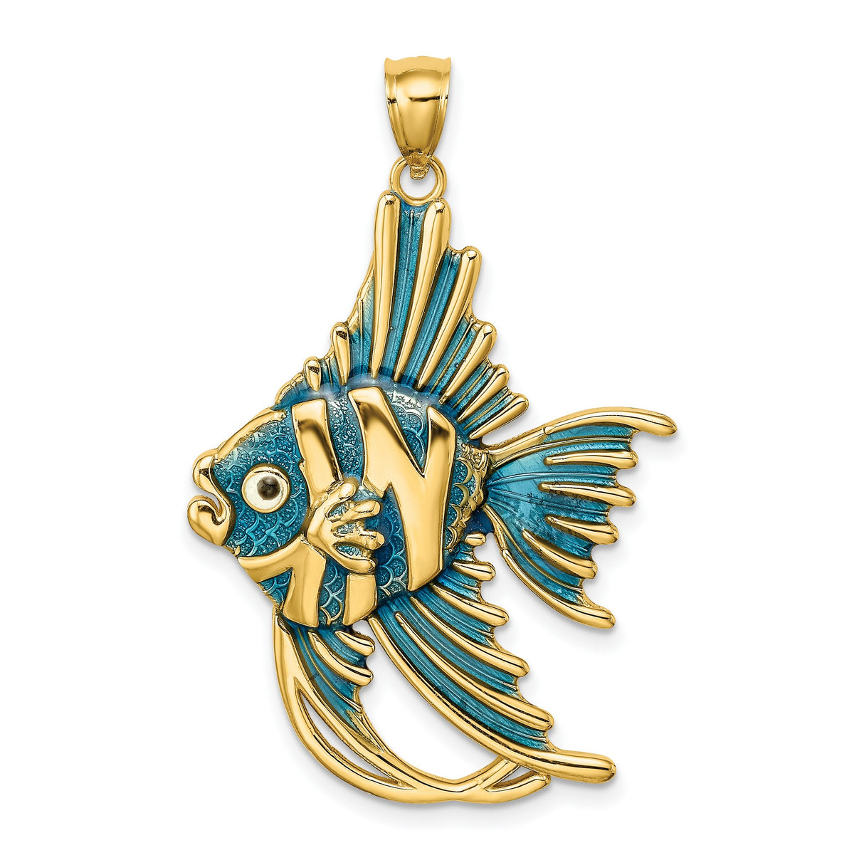 14k Yellow Gold Angelfish Pendant with Blue Enamel, Nautical Tropical Fish Design for Women