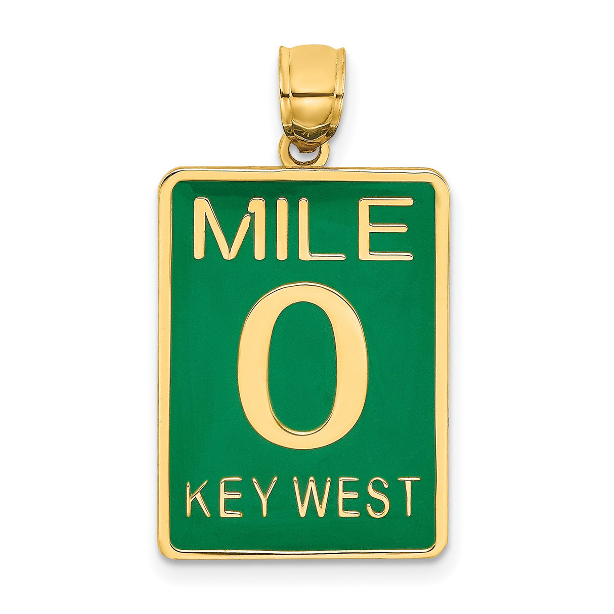 14k Yellow Gold Mile Zero Pendant, Green Road Sign Design, Key West Travel Charm