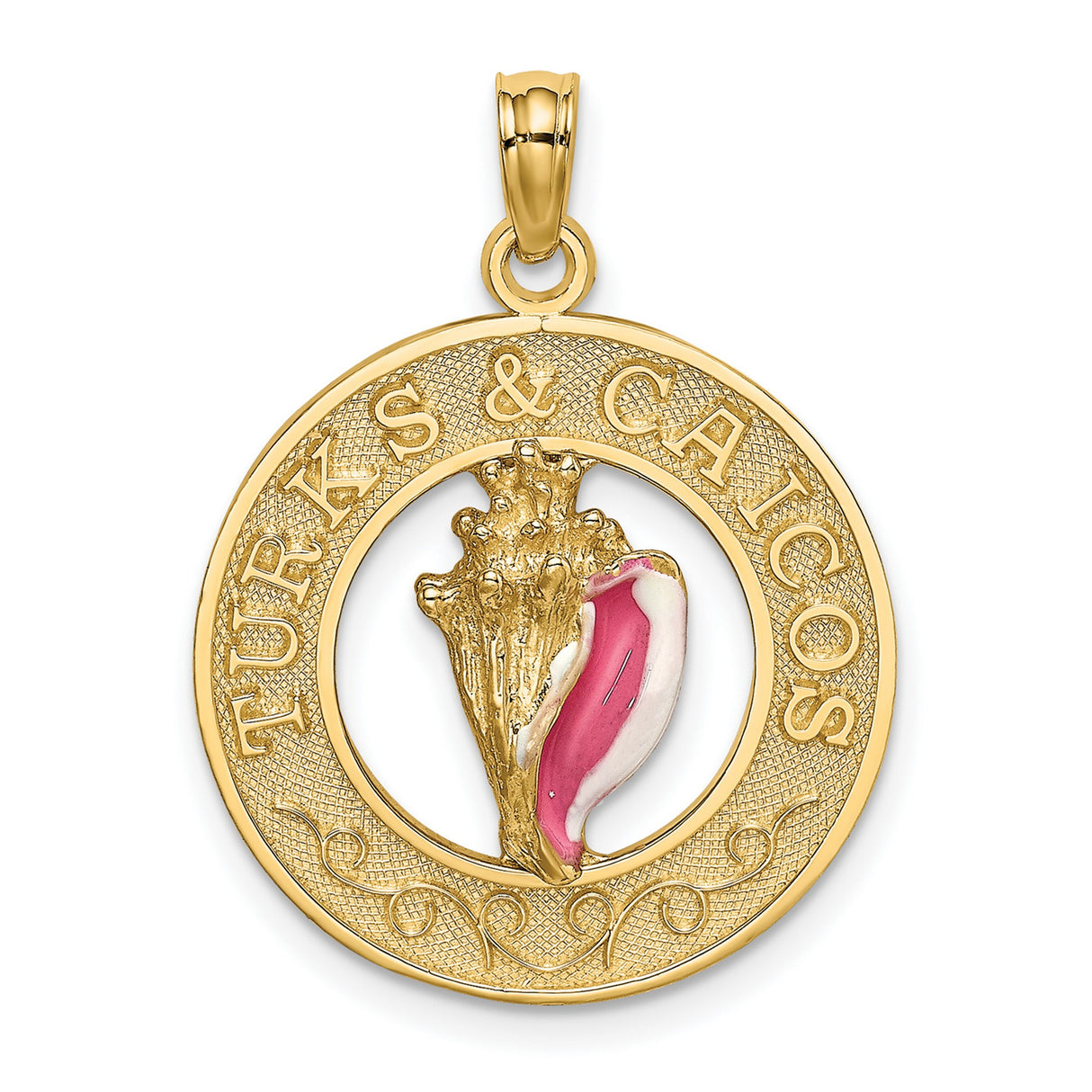 14k Yellow Gold Conch Shell Pendant with Pink Enamel, Coastal Travel Charm