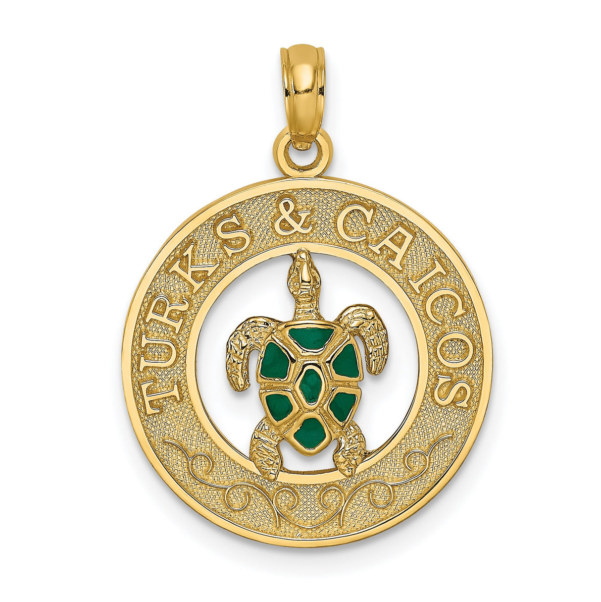 14k Yellow Gold Sea Turtle Pendant with Green Enamel, Turks and Caicos Tropical Charm