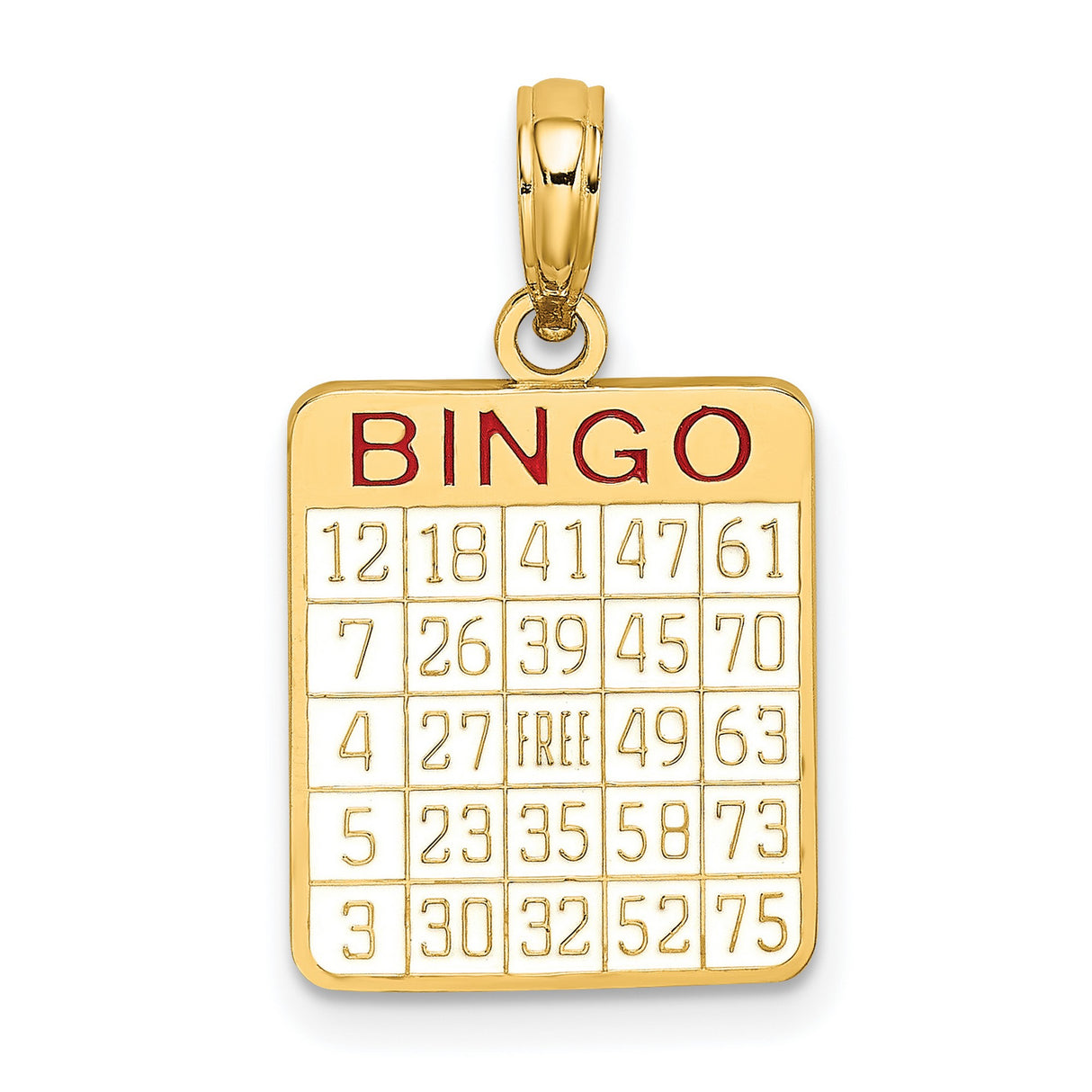 14k Yellow Gold Bingo Card Pendant with Red Enamel Lettering, Fun Game Board Design