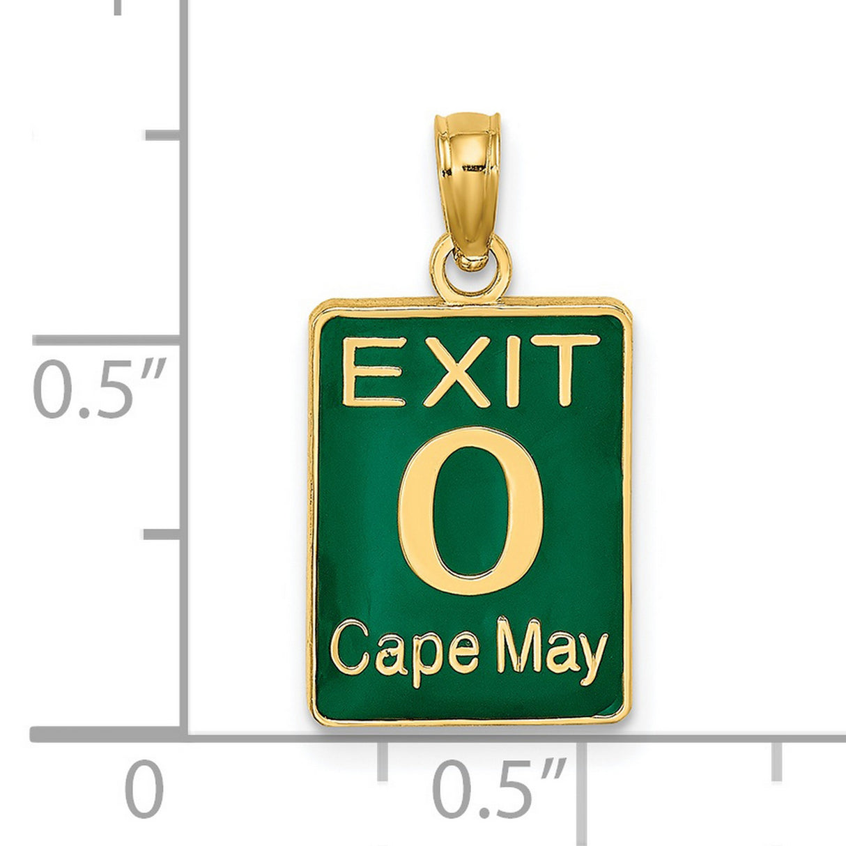 14k Yellow Gold Cape May Pendant with Green Enamel Road Sign Exit 0 Design