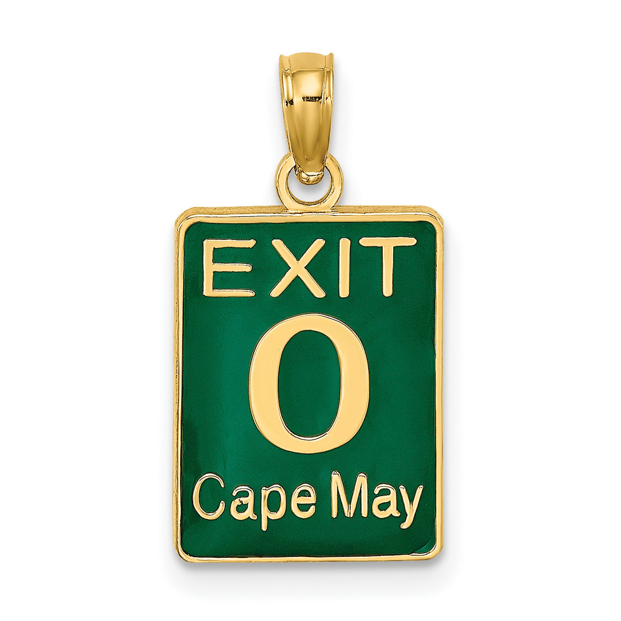 14k Yellow Gold Cape May Pendant with Green Enamel Road Sign Exit 0 Design