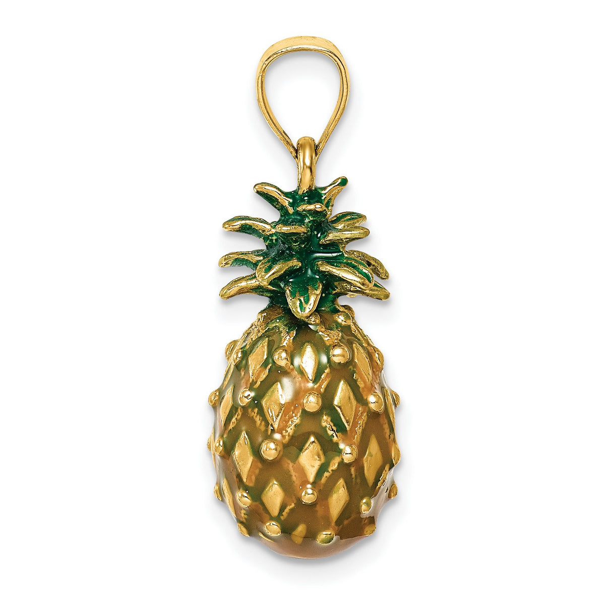 14k Yellow Gold Pineapple Pendant with Green Enamel, Tropical Fruit Charm for Women