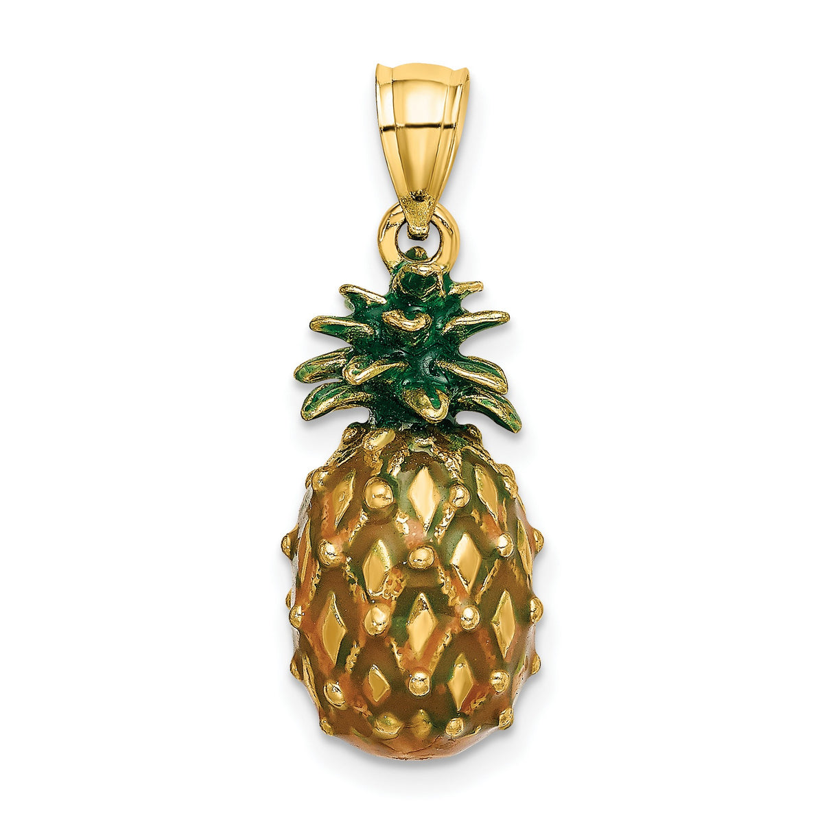 14k Yellow Gold Pineapple Pendant with Green Enamel, Tropical Fruit Charm for Women