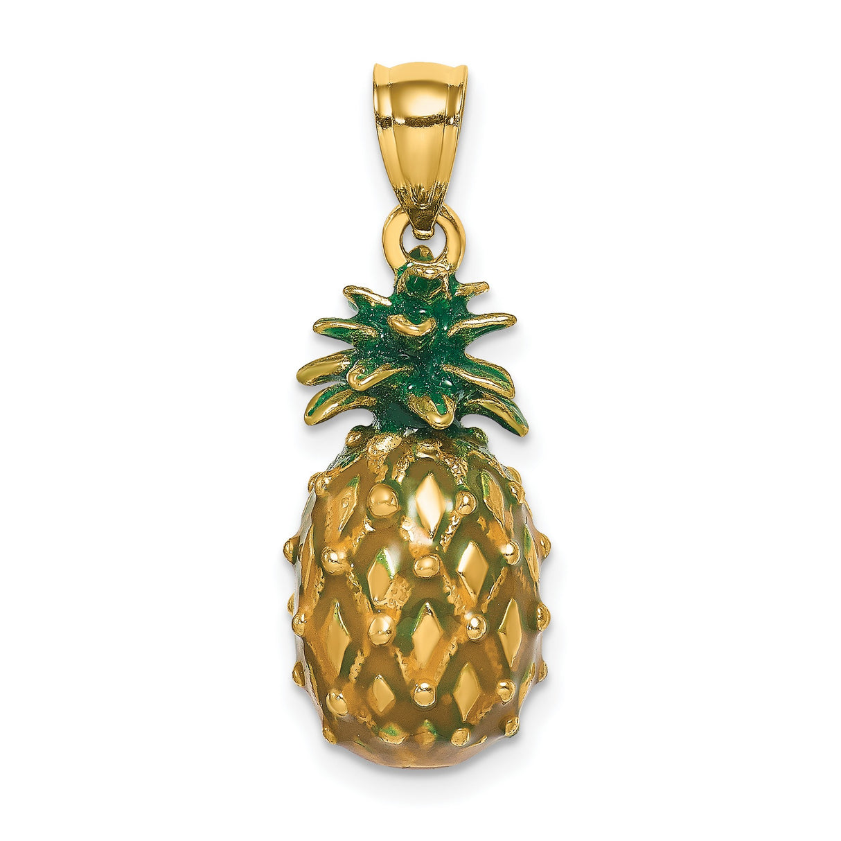 14k Yellow Gold Pineapple Pendant with Green Enamel, Tropical Fruit Charm for Women
