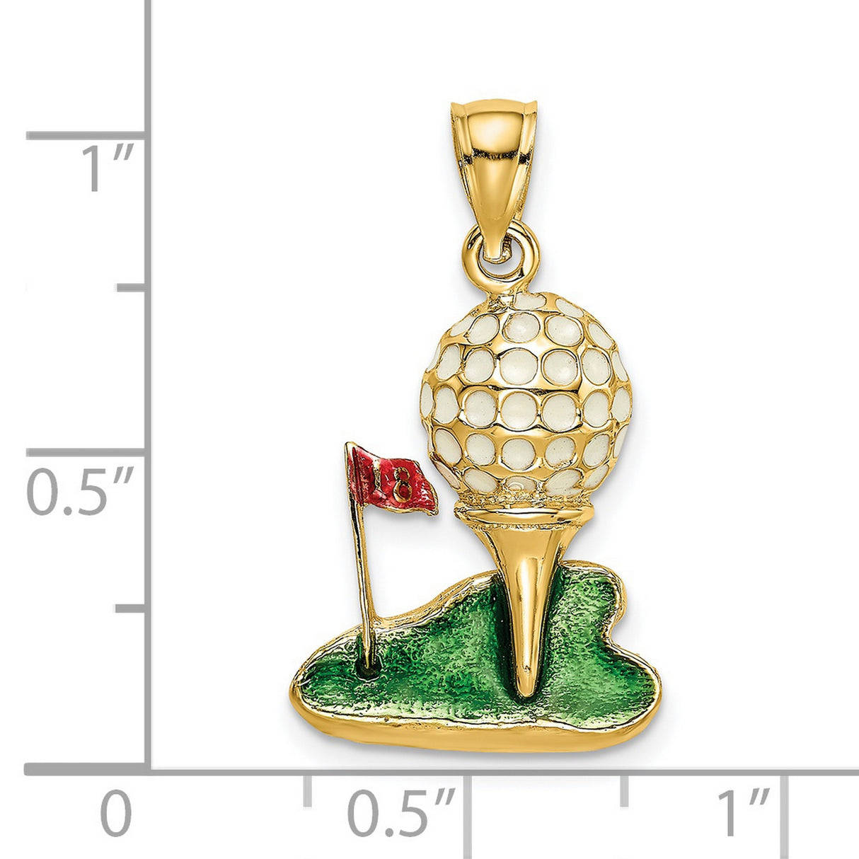 14k Yellow Gold Golf Ball Tee Pendant with Green Enamel and Red Flag, Sports Charm for Golf Lovers
