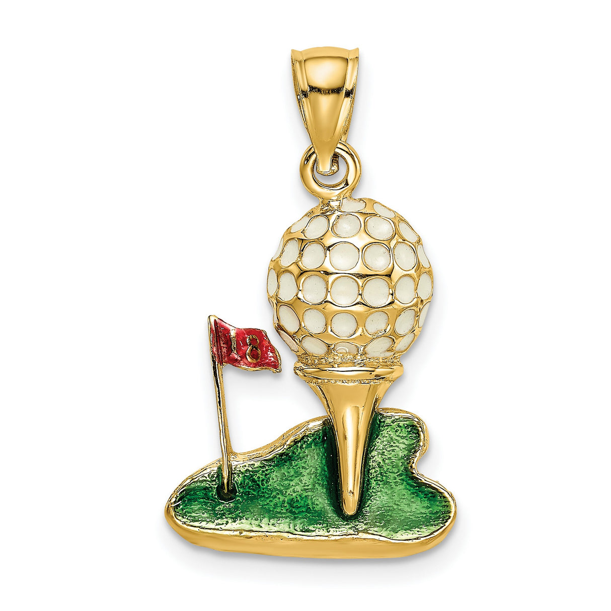 14k Yellow Gold Golf Ball Tee Pendant with Green Enamel and Red Flag, Sports Charm for Golf Lovers