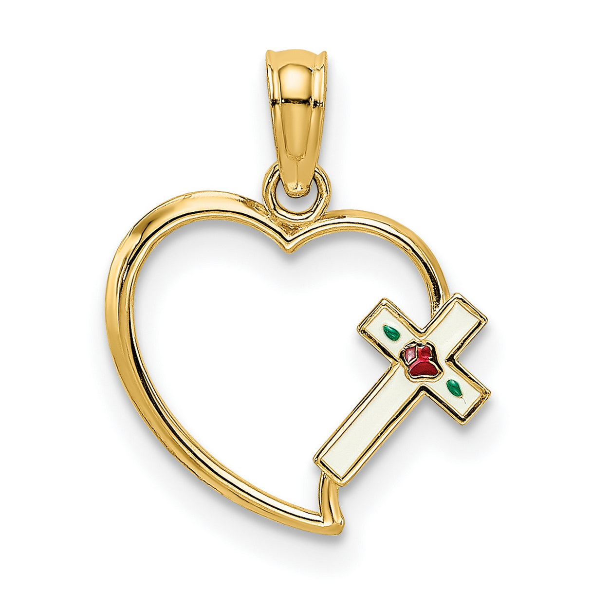 14k Yellow Gold Cross Pendant with Enamel and Heart Detail, Faith Jewelry for Men and Women