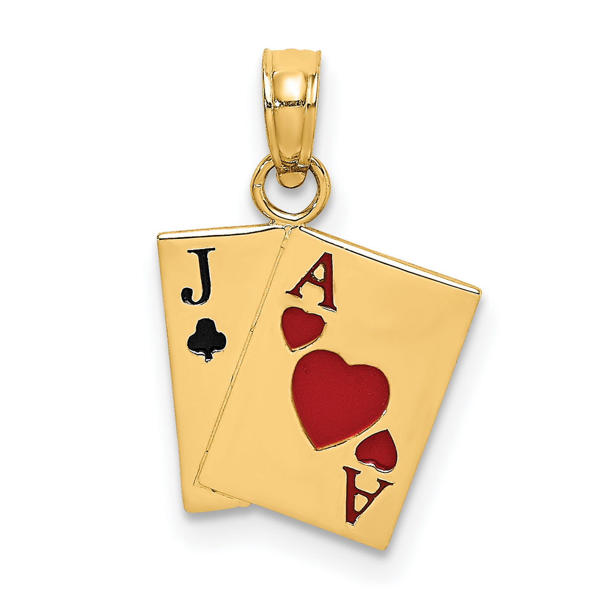 14k Yellow Gold Blackjack Pendant with Ace of Hearts and Jack of Clubs, Casino Charm