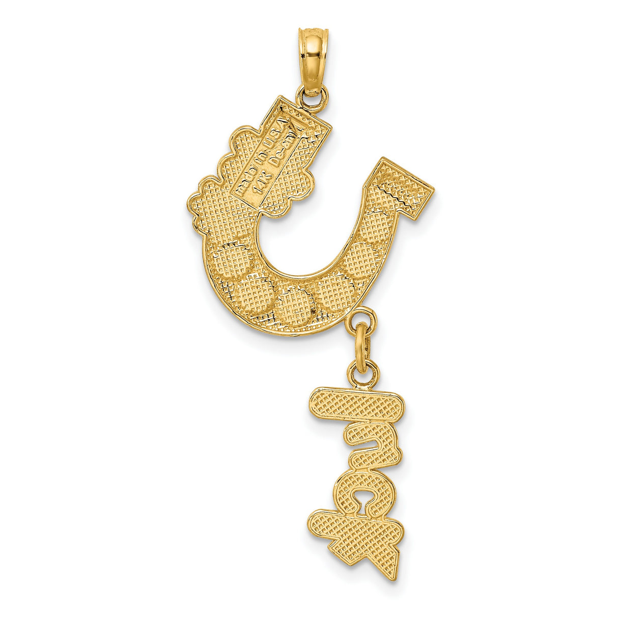 14k Yellow Gold Pendant with Green Enamel Horseshoe, White Flower Accents, Luck Charm