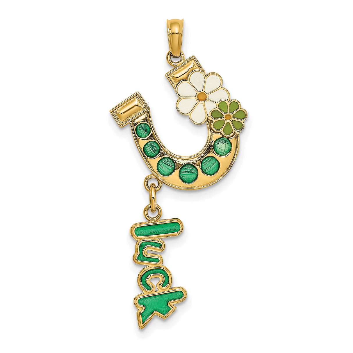 14k Yellow Gold Pendant with Green Enamel Horseshoe, White Flower Accents, Luck Charm