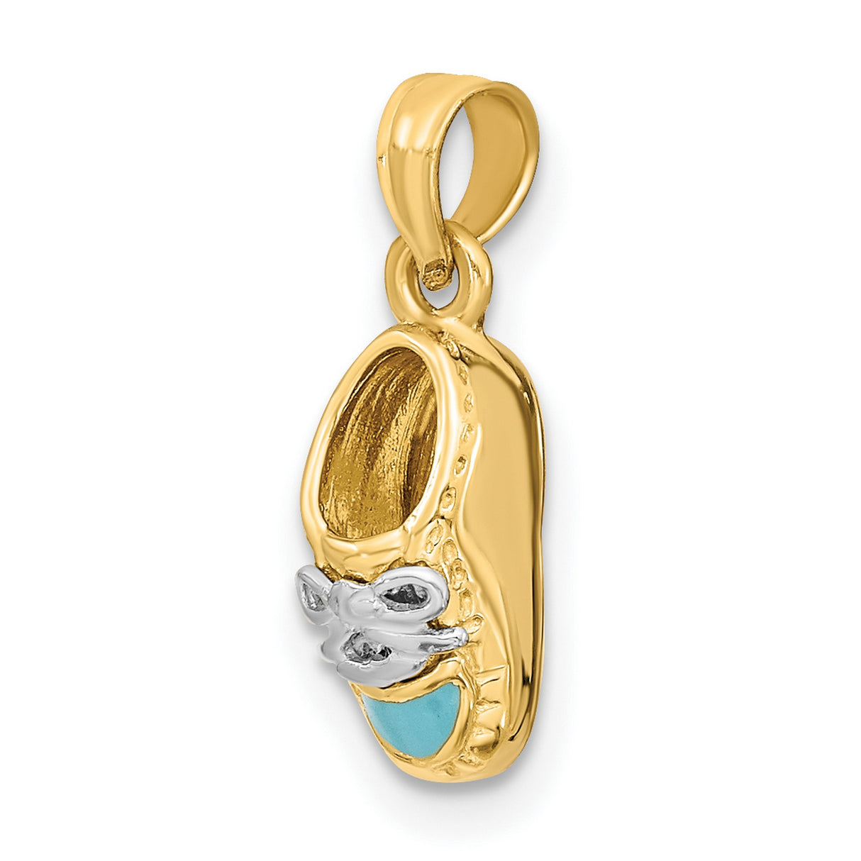 14k Two-Tone Gold Baby Shoe Pendant with Bow and Light Blue Enamel Accents