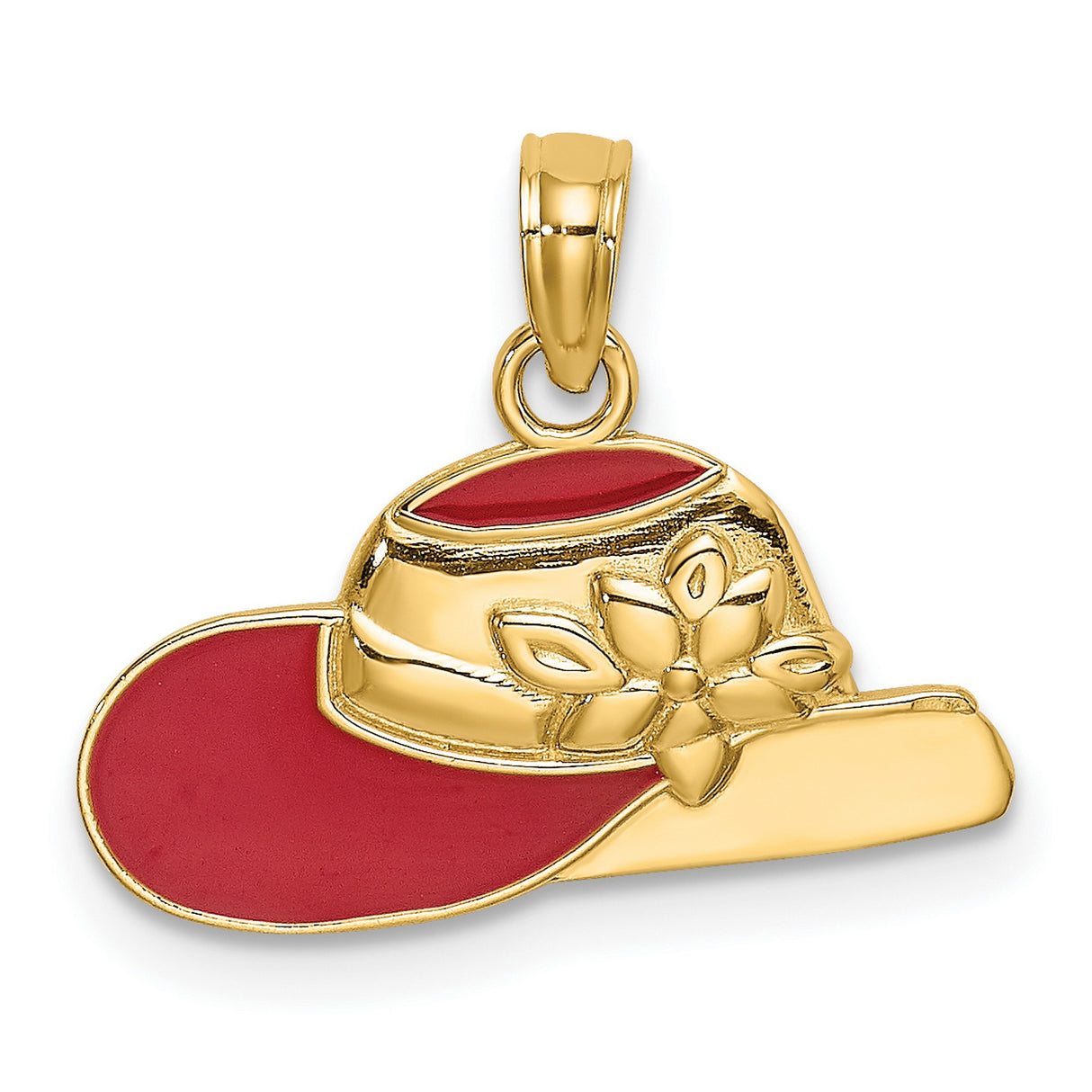 14k Yellow Gold Hat Pendant with Red Enamel Sun Hat Design and Flower Accent