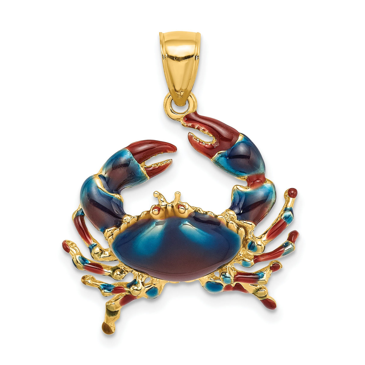 14k Yellow Gold Crab Pendant with Red and Blue Enamel, Nautical Zodiac Jewelry