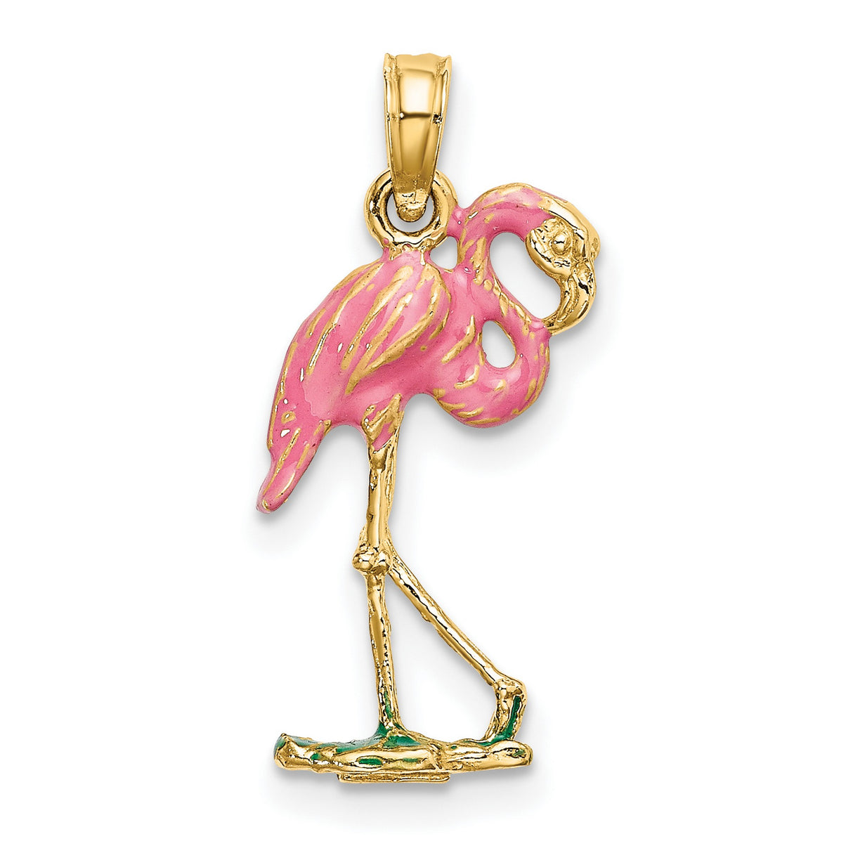 14k Yellow Gold Flamingo Pendant with Pink and Green Enamel, Tropical Bird Charm for Women