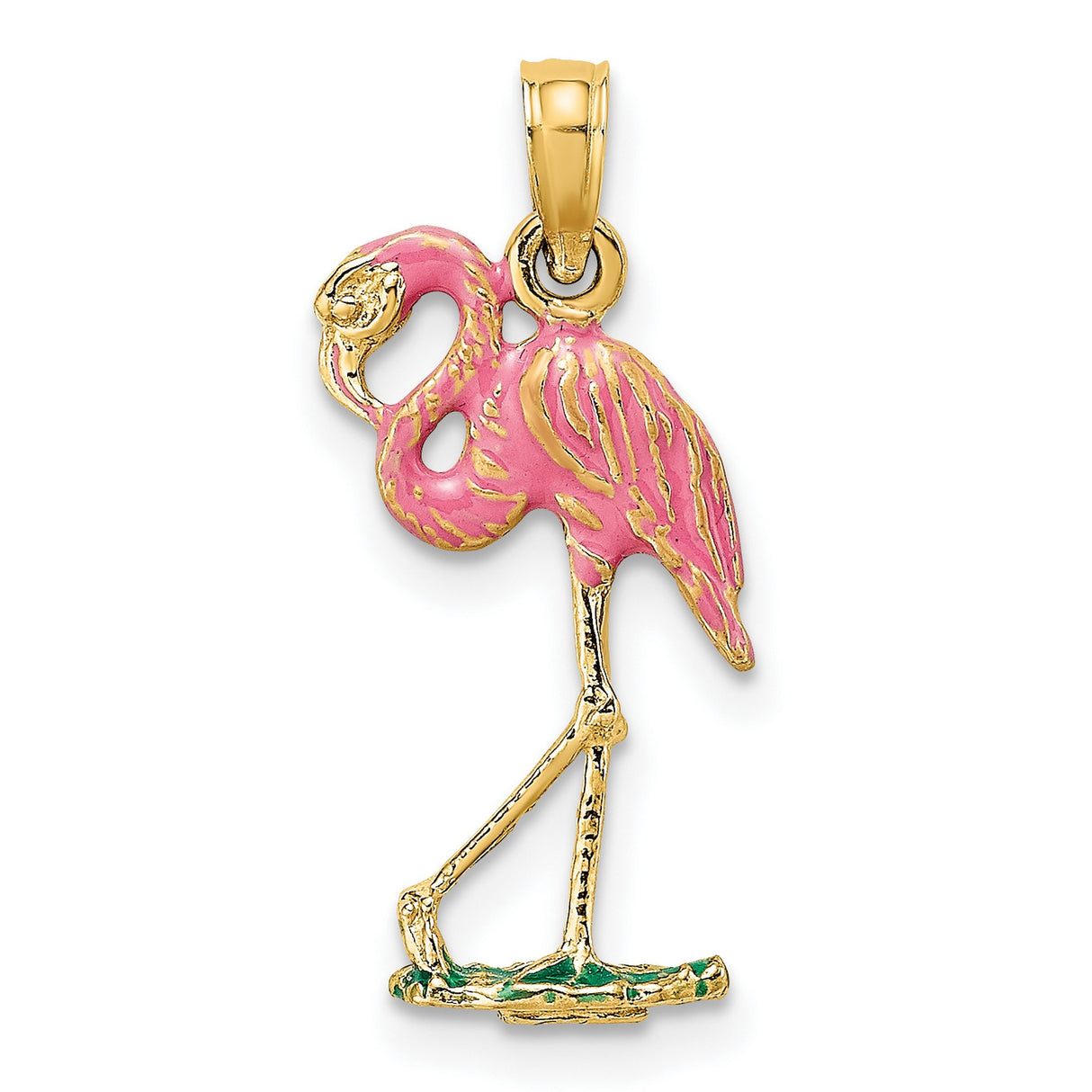 14k Yellow Gold Flamingo Pendant with Pink and Green Enamel, Tropical Bird Charm for Women