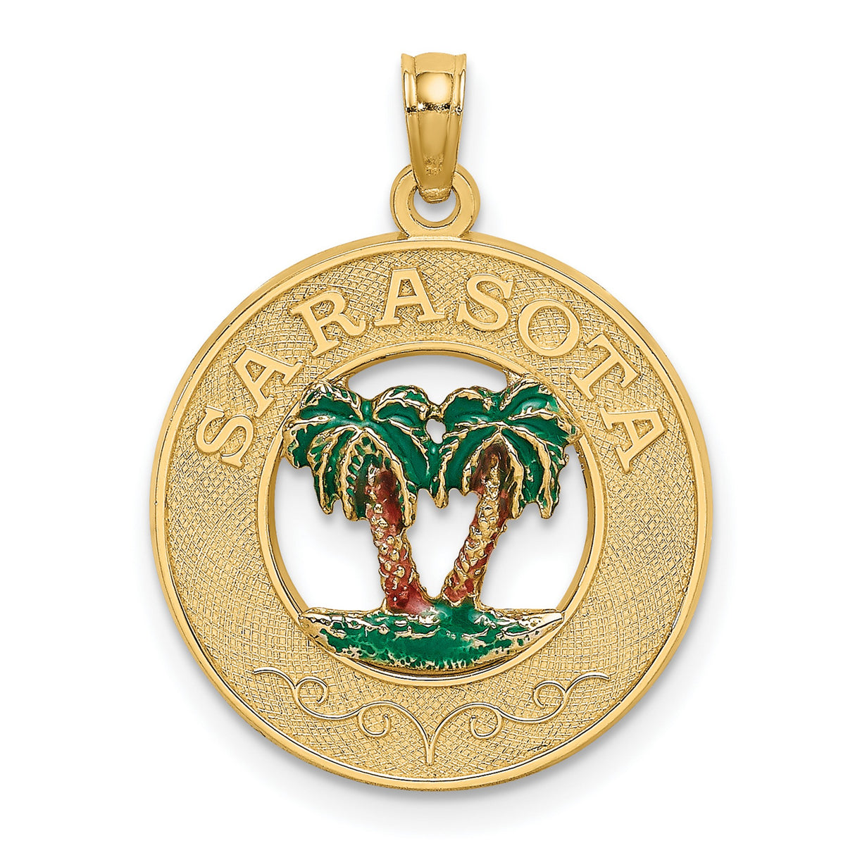 14k Yellow Gold Pendant with Enamel Palm Trees, Sarasota Tropical Beach Charm