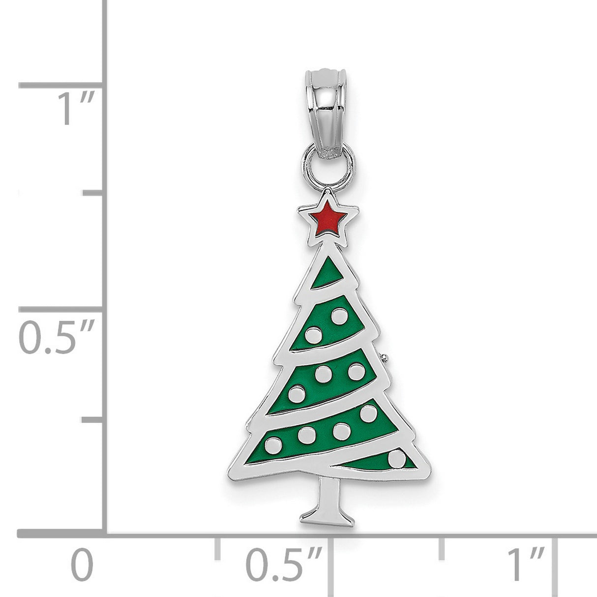 14k White Gold Christmas Tree Pendant with Green Enamel and Red Star, Holiday Charm