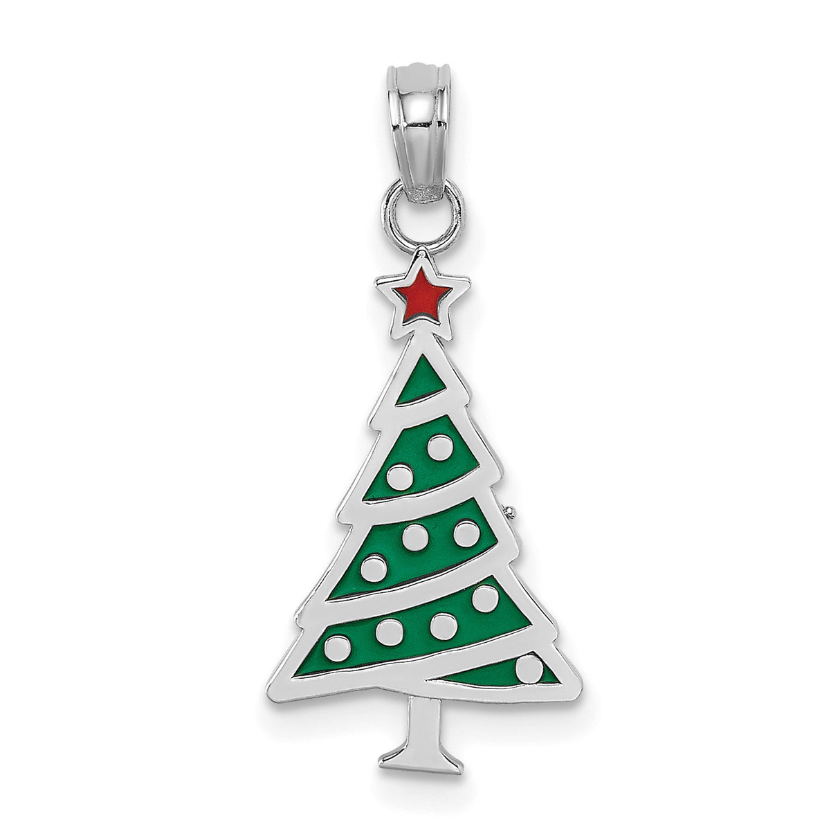 14k White Gold Christmas Tree Pendant with Green Enamel and Red Star, Holiday Charm