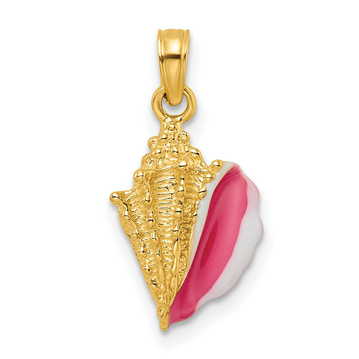 14k Yellow Gold Conch Shell Pendant with Pink and White Enamel, Ocean-Inspired Nautical Jewelry