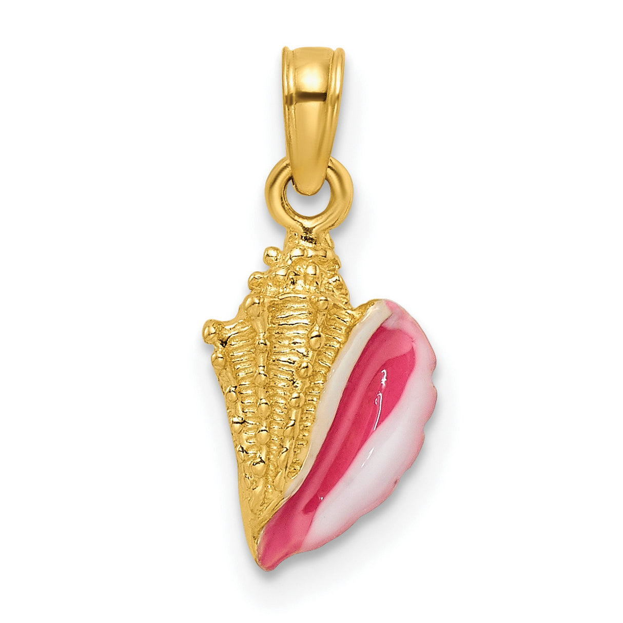 14k Yellow Gold Conch Shell Pendant with Pink and White Enamel, Ocean-Inspired Charm