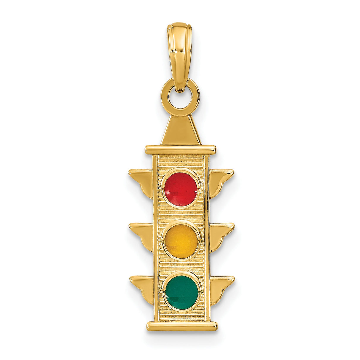 14k Yellow Gold Traffic Light Pendant with Red Yellow Green Enamel Accents, Unisex Charm