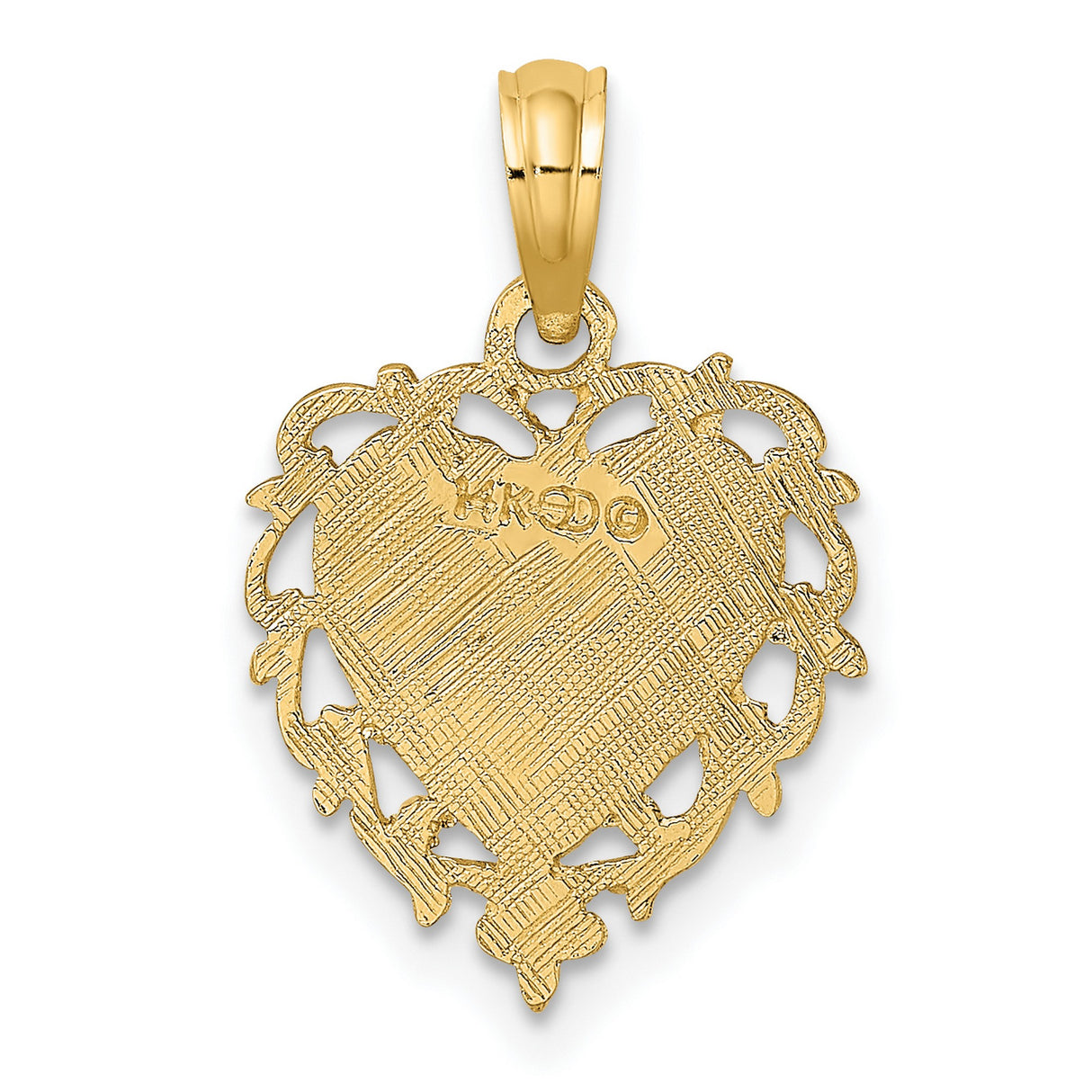 14k Yellow Gold Heart Pendant with Love Symbol and Ornate Filigree Border